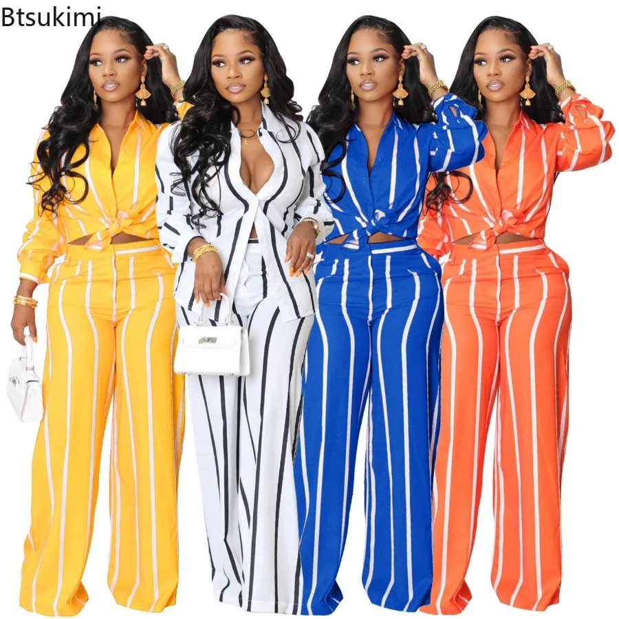 

2024 Women's 2 Pieces Sets Striped Print Casual Pants Set Female Clothes Sets Long Sleeve Casual Shirts and Straight Pants Set