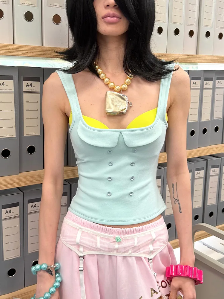 Y2K Dopamine Spice Girl short slim sexy vest button decoration design solid color suspender vest fashion new top.