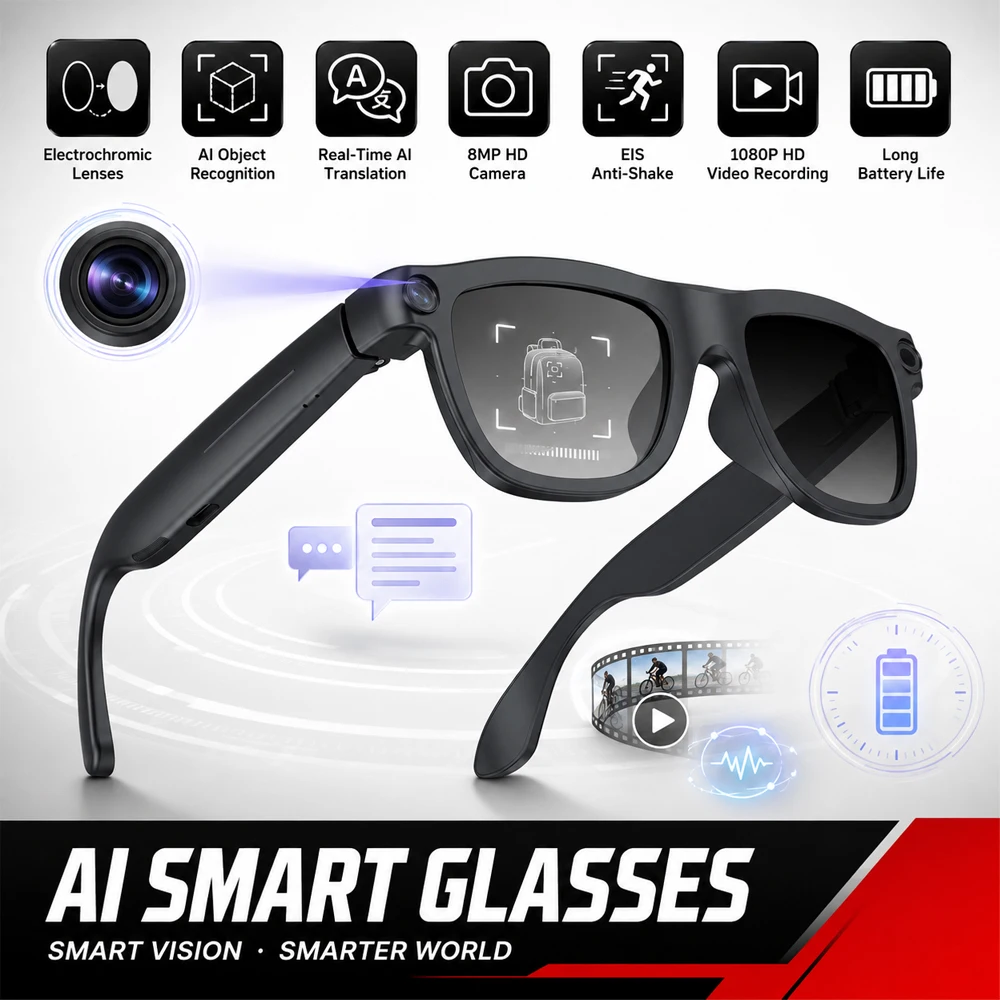 4K AI Smartglasses Anti-shake 1080P HD Video Photochromic Lenses Bluetooth HD Call Translation Conversation 4GB RAM Smartglasses