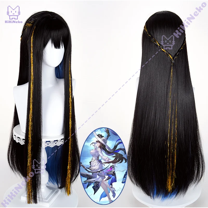 ゲーム「崩壊スターレイル」ダリアコスプレウィッグ、ロングブラックブルーハイライトブロンドアクセントウィッグ、コミコンパーティー用、大人男女向け