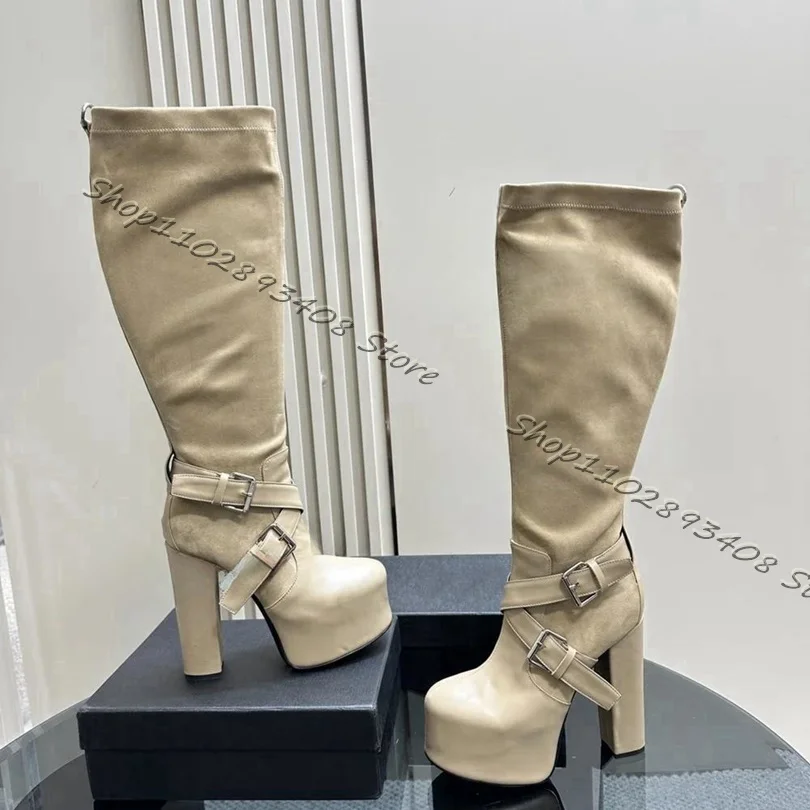 Botas marrones con hebilla de cinturón Para mujer, Zapatos de tacón alto grueso con cremallera trasera, estilo británico, Para verano, 2023