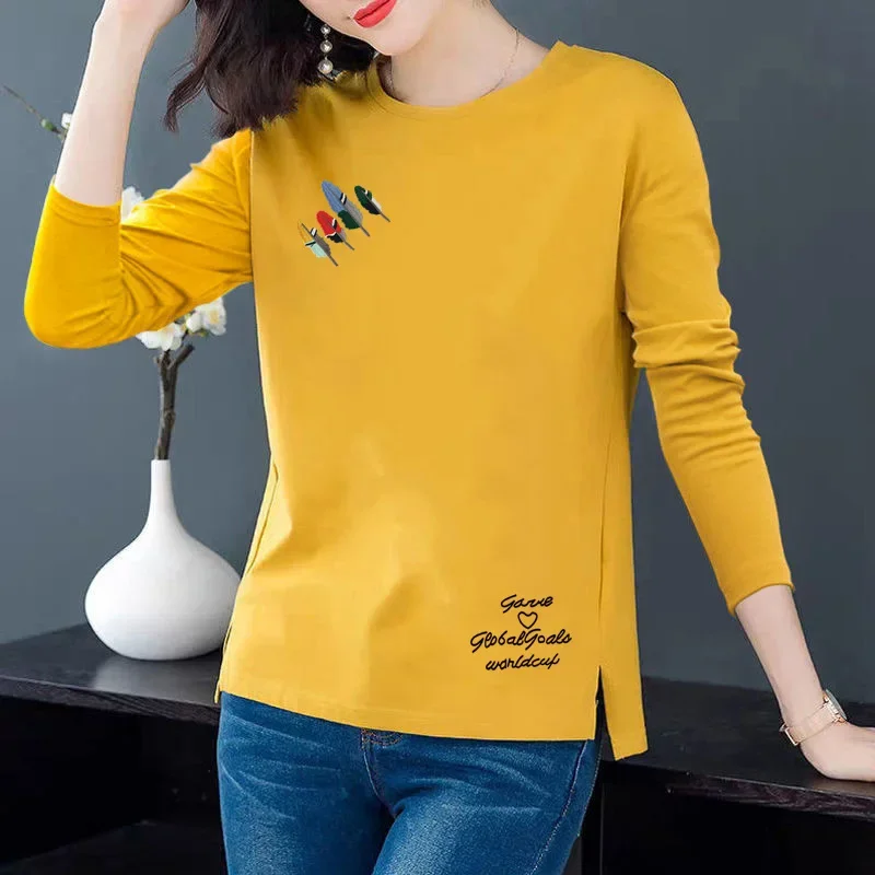 100 Cotton Spring Fashion Versatile Pure Cotton Round Neck T-shirt Split Casual Loose Women Base Shirt