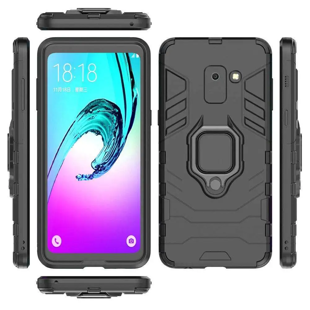 For Samsung Galaxy A8 2018 Phone Case, Silicone TPU and Hard PC Luxury Armor Shockproof Metal Ring Holder Cover Casing