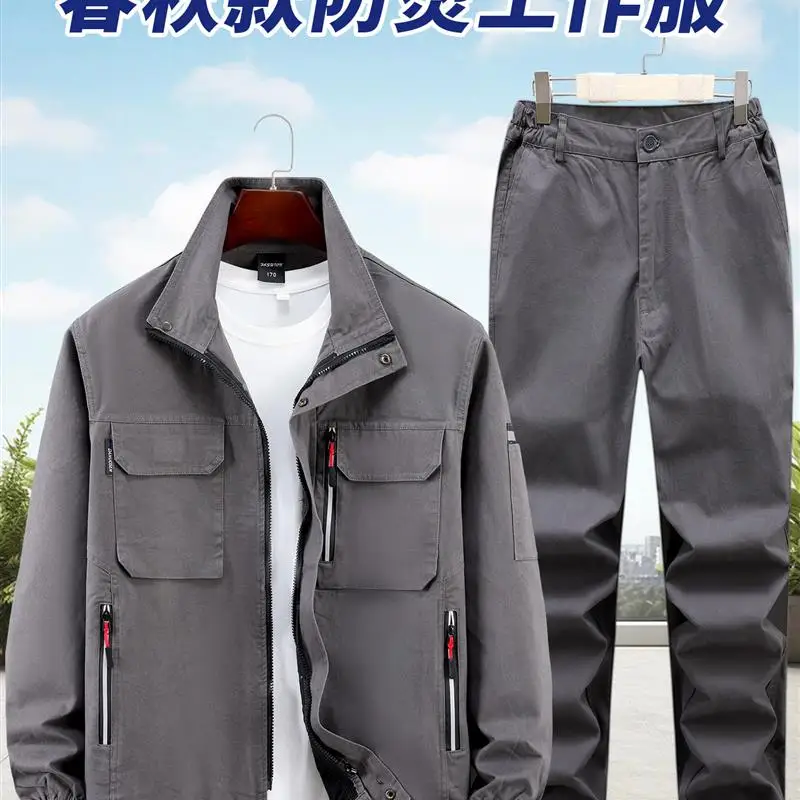 

Комплект рабочей одежды из утолщенного чистого хлопка для мужчин: огнестойкая спецодежда для сварки, защита от ожогов, весна-осень