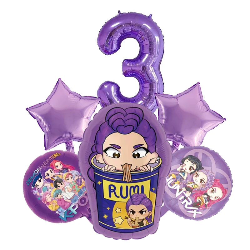

6pcs Kpop Demon Hunters Birthday Balloons Set Anime Rumi Music Girl Number Aluminum Ballons Kids Party Supplies Gift Favor Decor