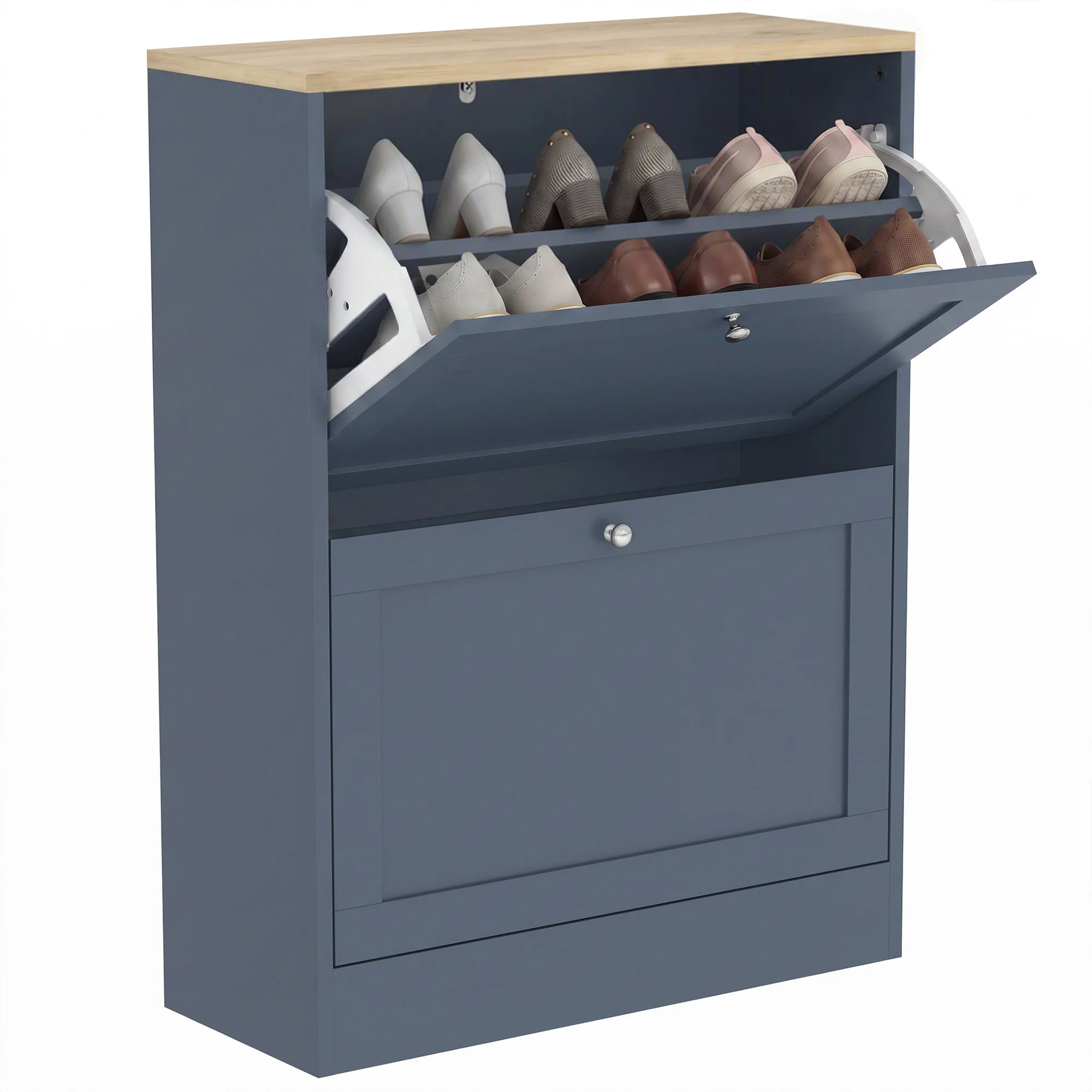 HOMCOM Shoe Storage Cabinet with 2 Flip Drawers, Wooden Freestanding Shoe Organizer with Adjustable Shelves for Entryway, Hallway, Blue