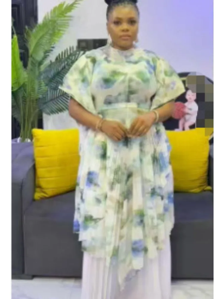 2025 New African Miyake Pleated Printed Bat Sleeve Printed Top + Wide-leg Straight Pants Two-piece Women's Clothing