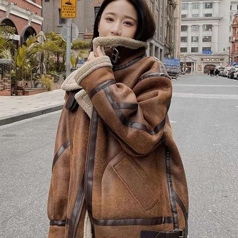 2023ฤดูหนาวSheepskin Faux Suedeแจ็คเก็ตผู้หญิงฤดูหนาวWarm Faux Fur Coatผู้หญิงแขนยาวซิปสั้นเสื้อลําลองCoat