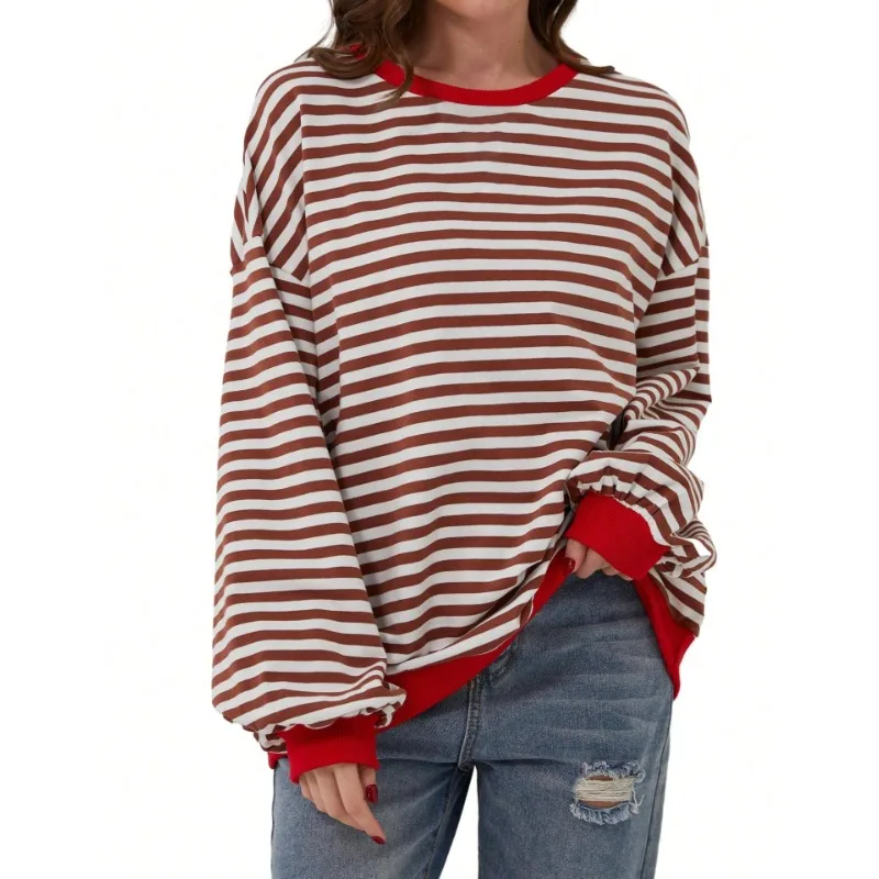 Grote maten gestreepte print Contrasterende binding DropShoulder Sweatshirt Casual trui met ronde hals en lange mouwen