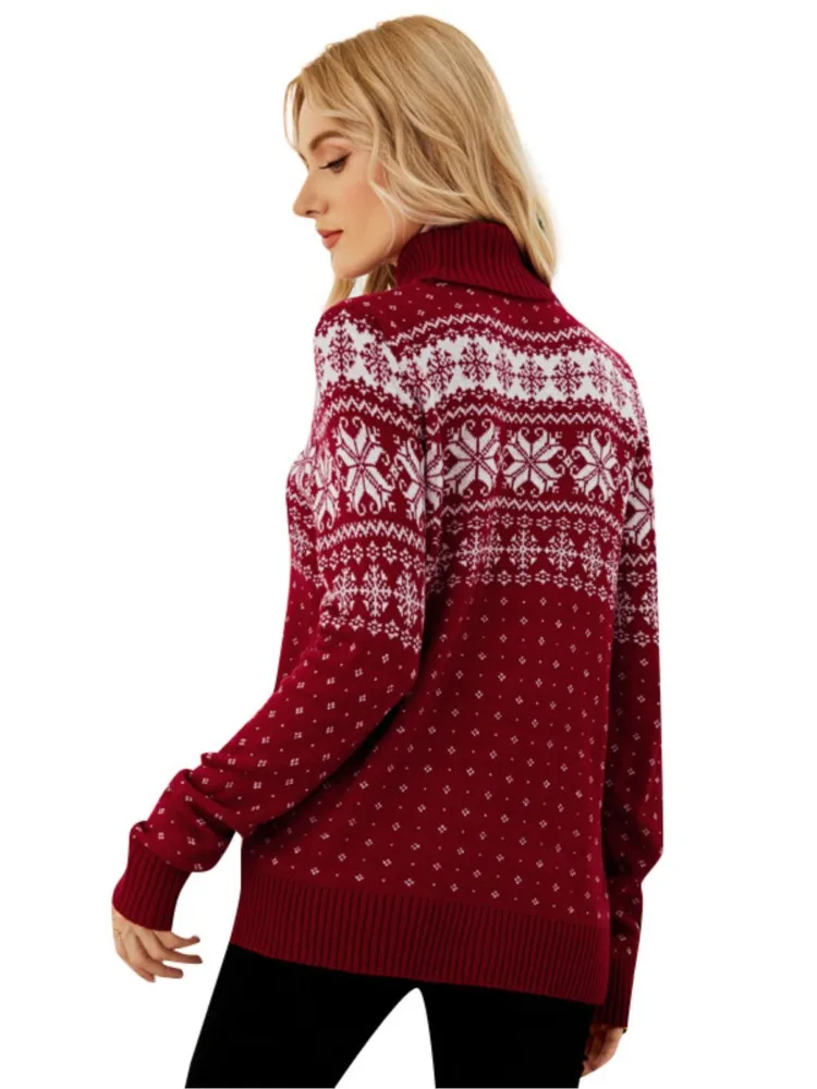 New Fall And Winter Pullover Red Turtleneck Christmas Sweater Snowflake Knitted Casual Loose Sweater Womens Clothing 2025