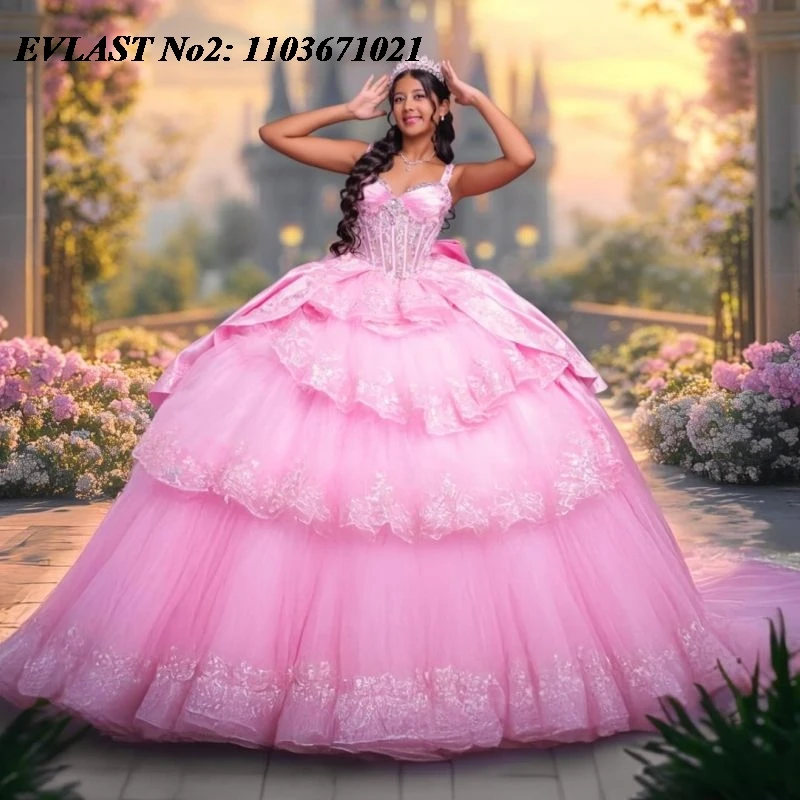 

EVLAST индивидуальное мексиканское розовое платье Quinceanera, бальное платье с блестящей кружевной аппликацией и бисером, многоуровневое сладкое платье 16, Vestidos 15 Anos E2QA126