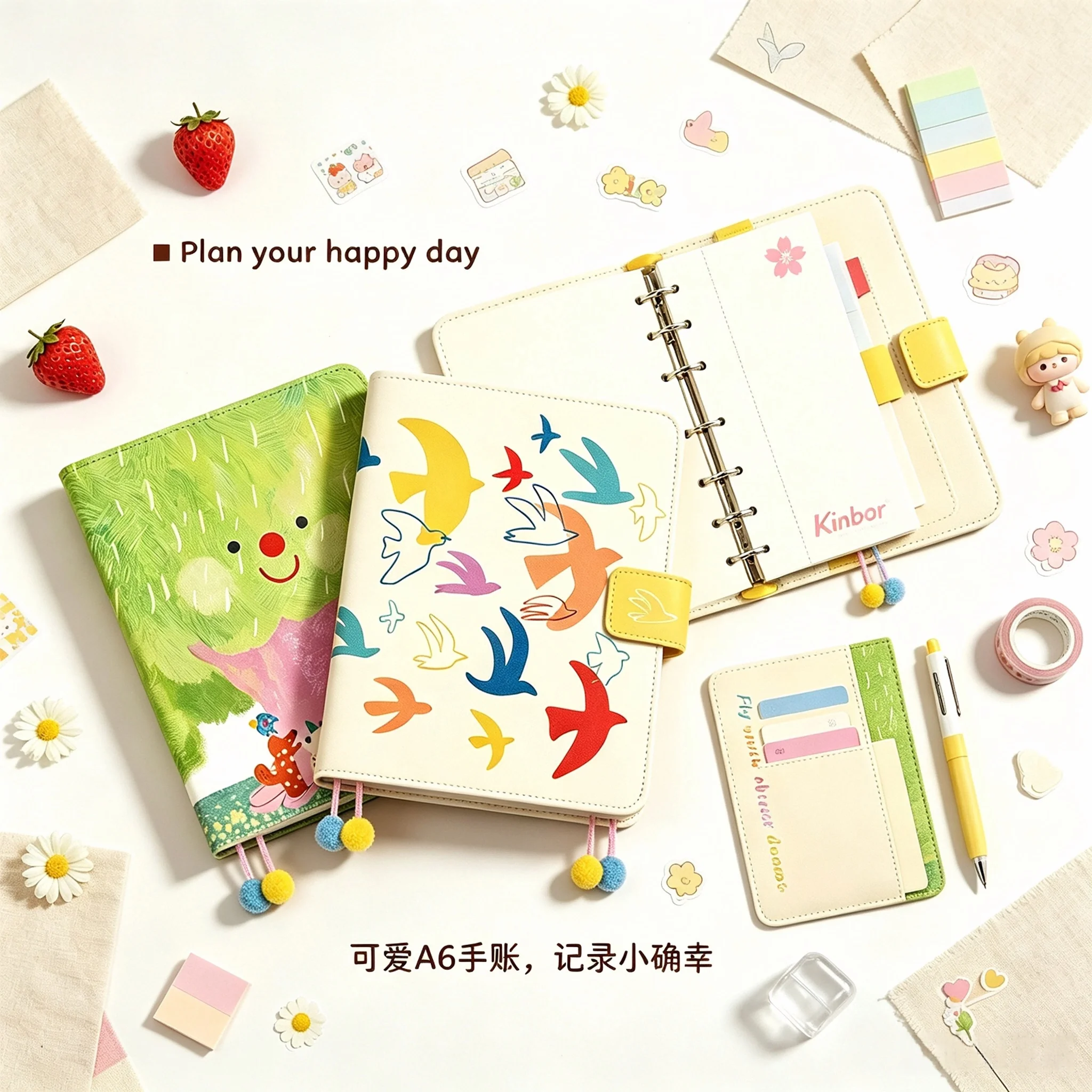 Kinbor A6 Planner Notebook,Canvas Embroidery Self Filling Handbook,Cute Cartoon Illustrated Diary Kawaii Stationery Notepad Gift