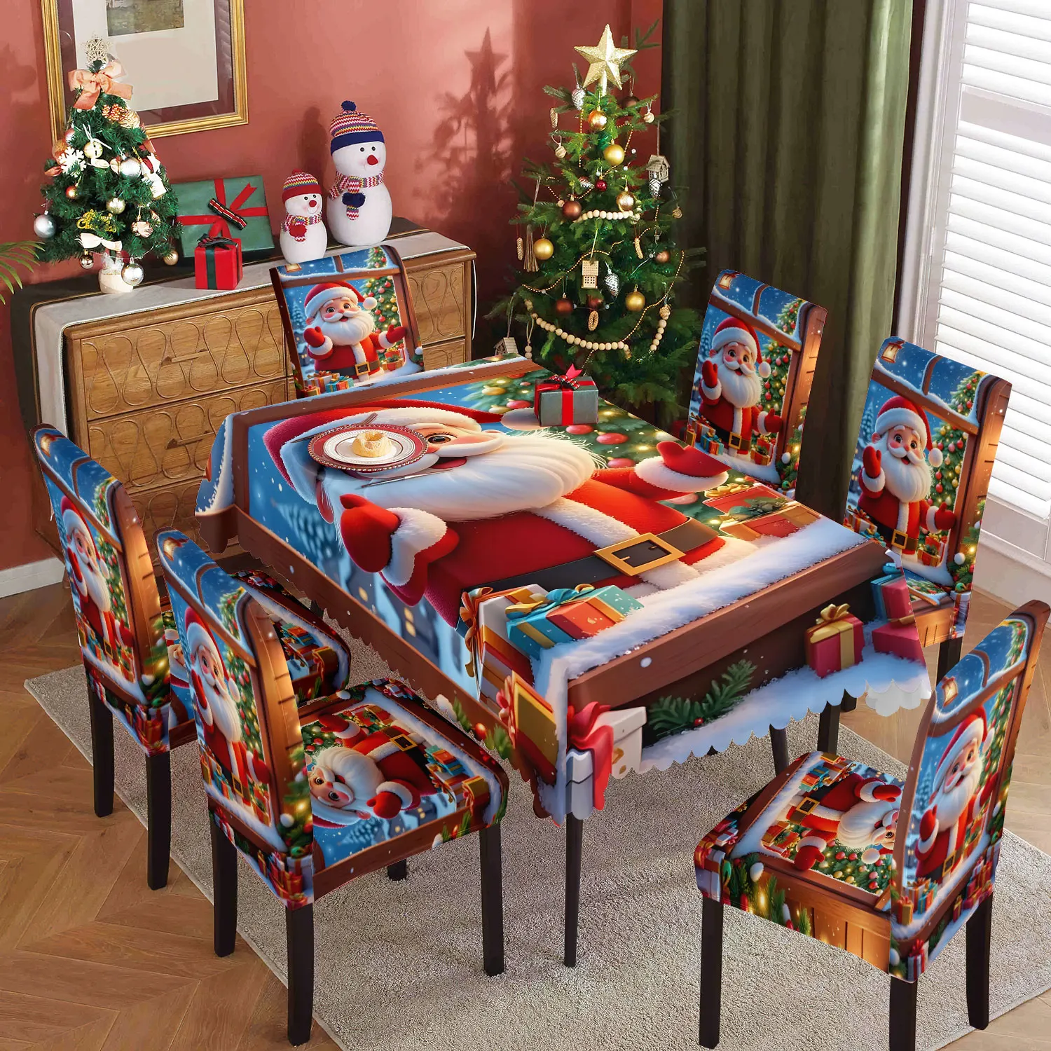 

5/7pcs Christmas table and chair decoration stretch chair cover and lace tablecloth washable milk silk fabric reusable