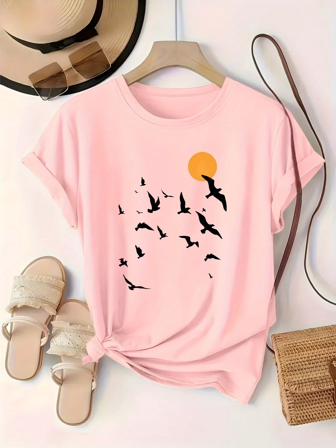 2026 Women Ladies' Sunset and Wild Goose Printed T-shirt Casual Short Sleeve Round Neck Top Breathable and Comfortable