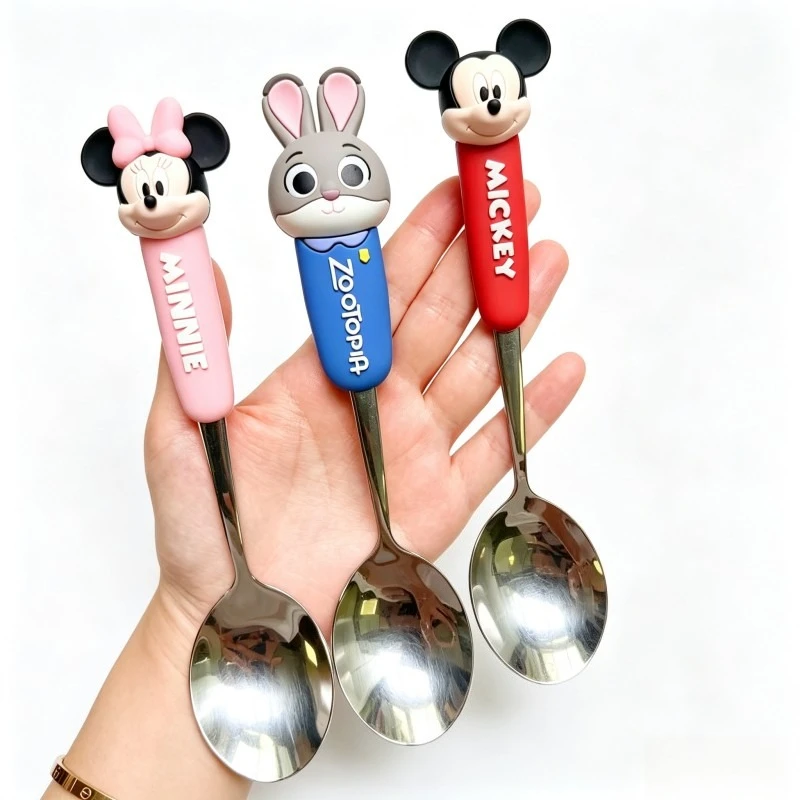 Cartoon Kids Tableware Mickey Minnie Judy Hopps Stitch Spoon Fork 3d Silicone Handle Utensil Dining Collectible Kid Cutlery