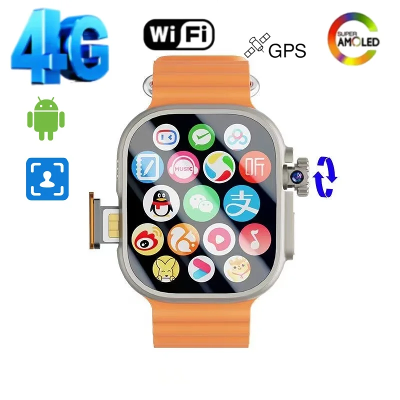 4G Android Watch with Fingerprint Face Unlock Touch Function 8MP Rotating Camera 2.29-inch AMOLED Smart Watch, GPS WIFI NFC
