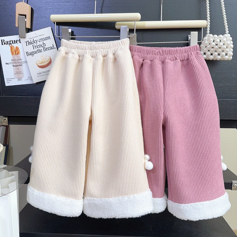 Girls' Pants Winter New Girls' Fashion Plus Fleece Wide-leg Pants Corduroy Straight Leg Pants  Kids Clothes