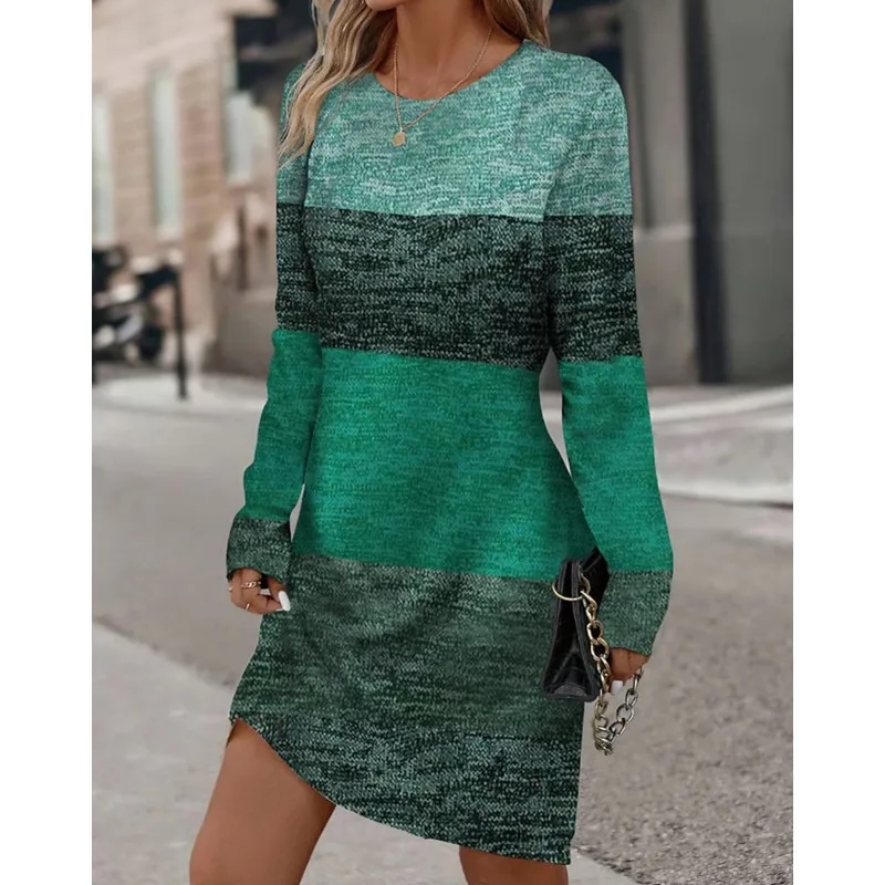 Comfortable Casual Long Sve round Ne Color Blo Dr Women's Spring Autumn Dr Soft Polyester Fabric A-Line Skirt