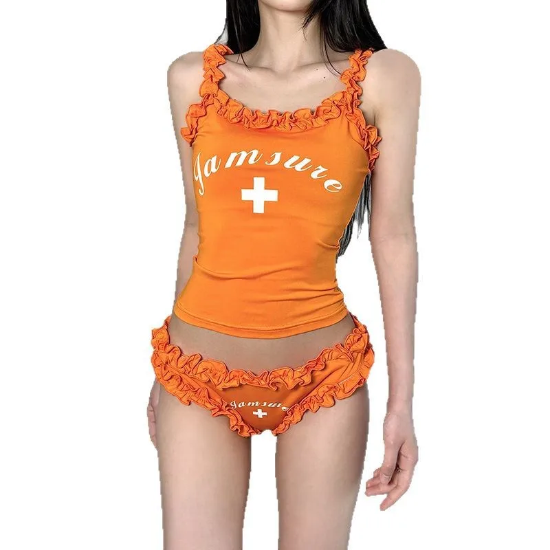 Rüschen Damen-Bikini-Set, einfarbig, ärmellos, bauchfreies Top, Mini-Shorts, passendes Set, 2025, Sommer-Badeanzüge, sexy Club-Party-Outfits