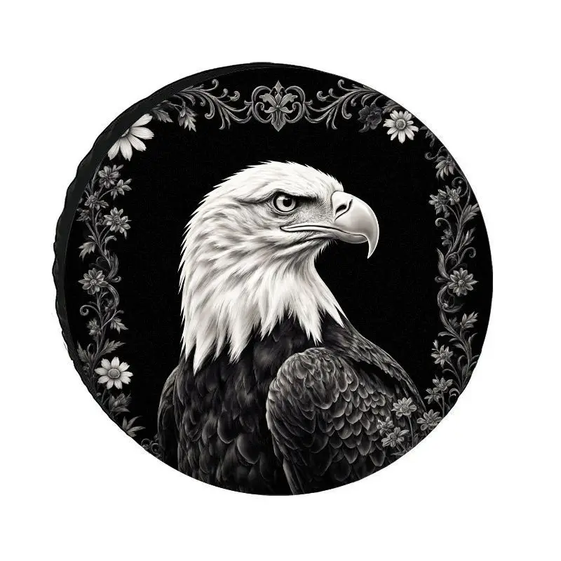 A Bold Eagle Totem Polyester Tire Cover With Unique Black And White Patterns, Designed To Be Sun-Resistant, Dust-Proof, And Uv-R