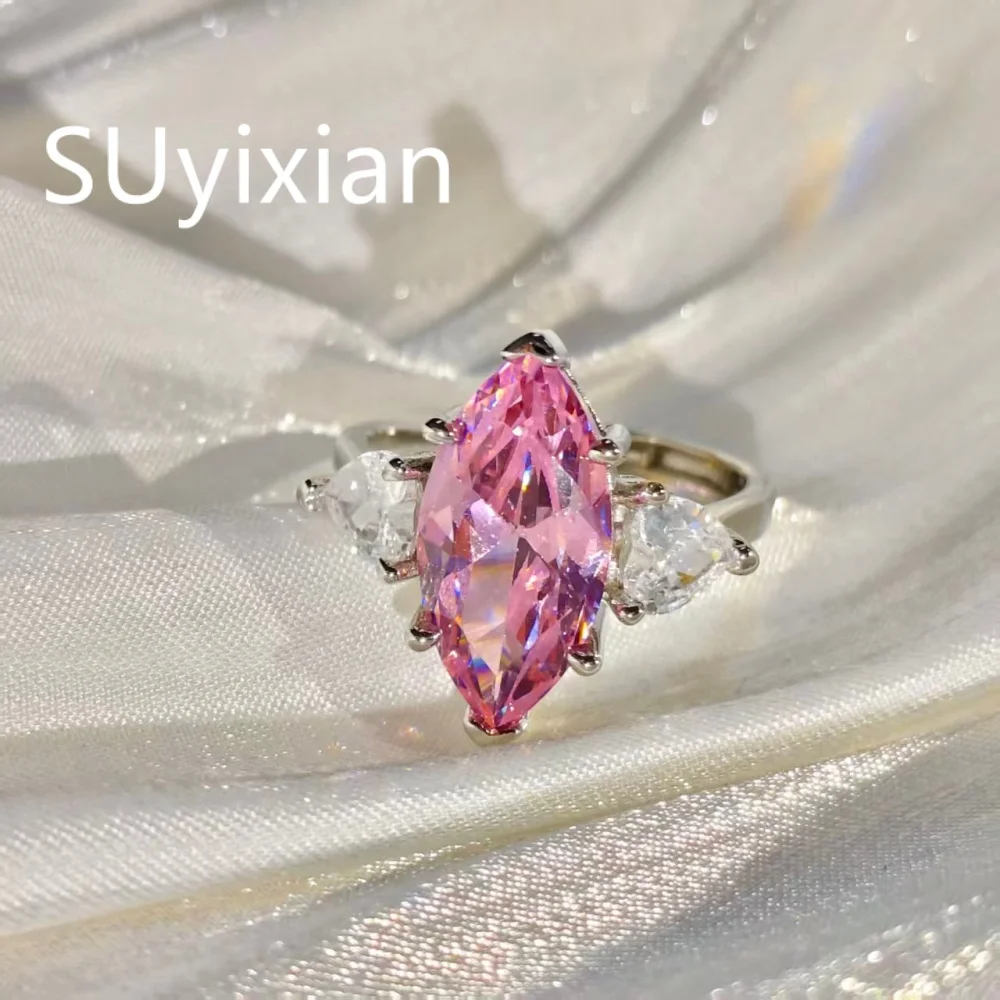 925 Sterling Silver Stylish Elegant Pink Crystal Zircon Teardrop Ring Wedding Party Anniversary Jewelry Gift
