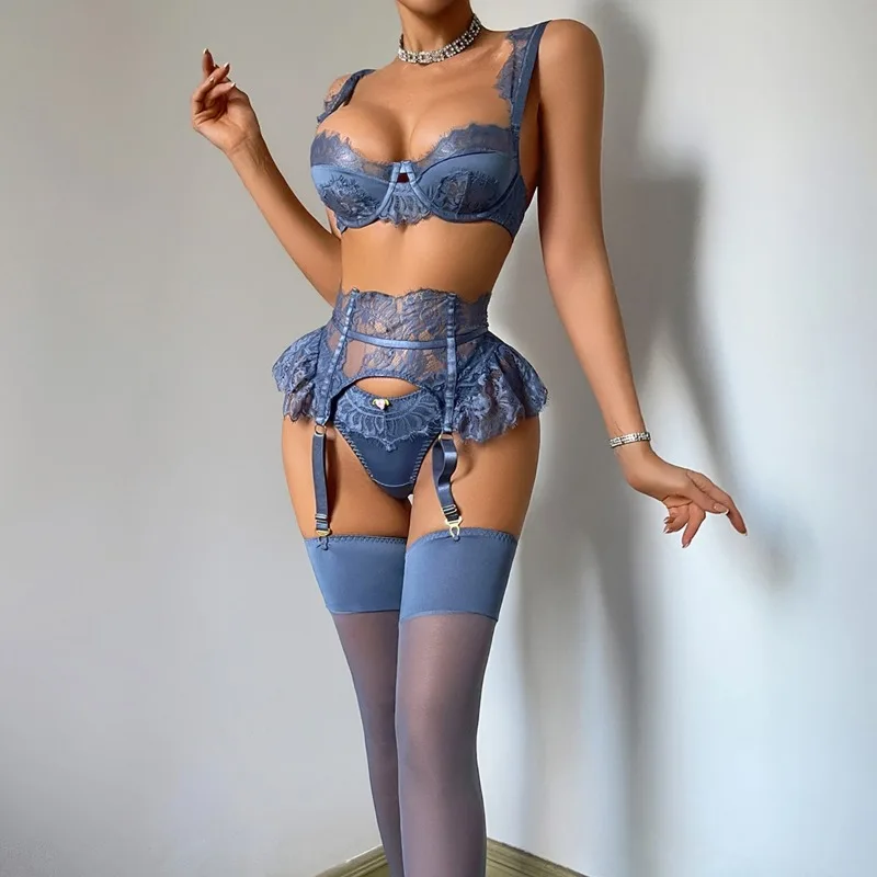 Toucheart Erotic Lingerie French Elegant Blue High-end Lace Hollow See-through Sexy Body-shaping Women Hot Underwear Split Set view 5