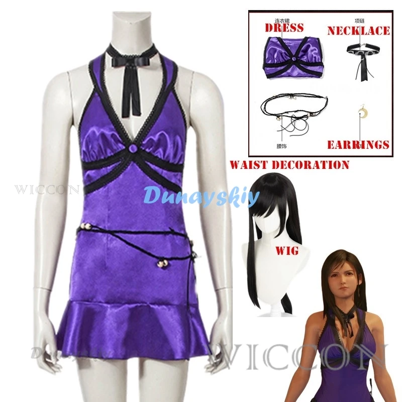 Endgültige Fantasie vii Remake Tifa Lockhart Cosplay Kostüm erwachsene Frauen Party lila Kleid Perücke Outfit Halloween Karneval Anzug