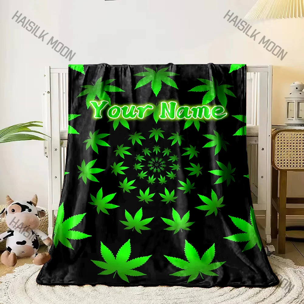 (Memo U Name) Customized Name Personalized Blanket Green Maple Leaf Print Warm Comfortable Blanket for Adults Kids Gifts