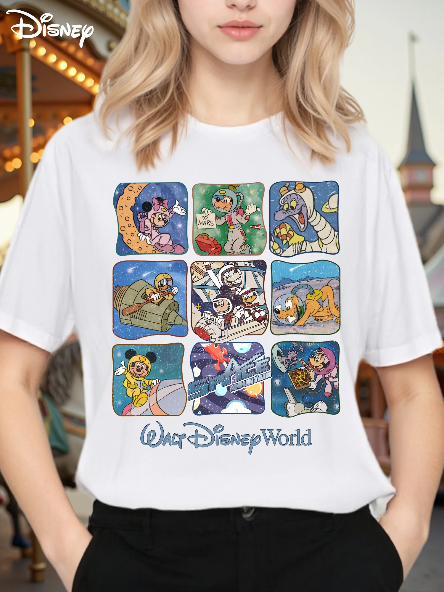 

Футболка Disney, чистый хлопок, рисунок коллажа Space Adventure, идеальный подарок для женщин, удобный крой