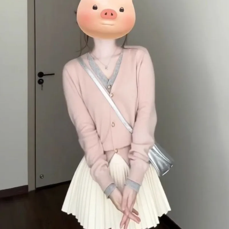 2025 ฤดูใบไม้ผลิฤดูใบไม้ร่วงผู้หญิงสง่างามสีชมพู Patchwork เสื้อกันหนาวกางเกงขากว้าง 2 ชิ้นชุดเลดี้แฟชั่น V คอถักกางเกงชุด