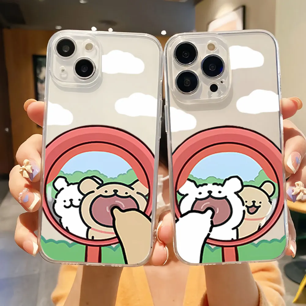 Korea Line Puppy Maltese Funhouse Mirror Couple Phone Case for iPhone 11 12 13 14 15 16 Max Pro Plus Transparent Soft Shell