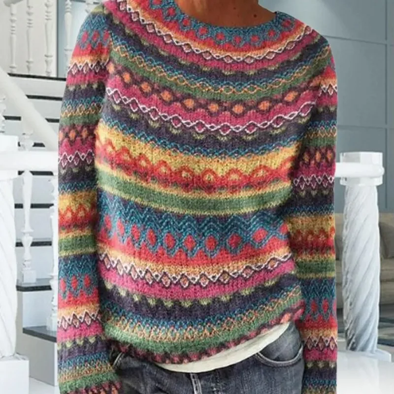 

For Women Energetic Round Neck Pullover Autumn And Winter Striped Sweater Plush Warm Hoodie Top Colorful Printed Sweater