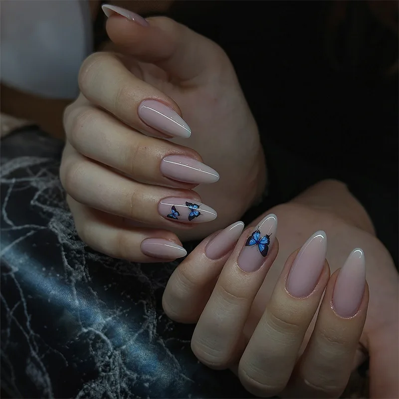 

24Pcs Mid-length Round Head Press on False Nails Butterfly White Gradient Design Fake Nail Almond Reusable Full Cover Nails Tips