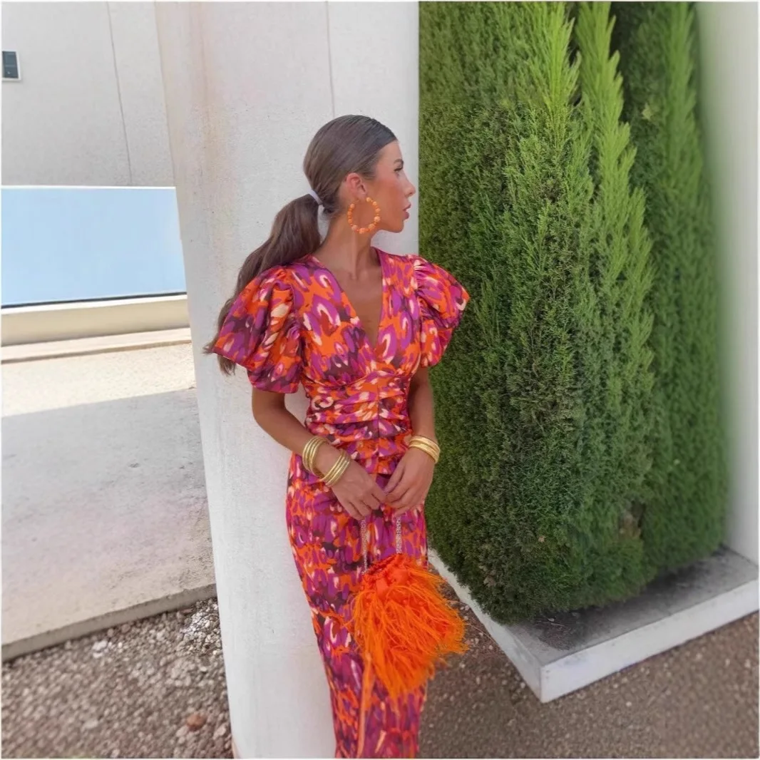 Elegant Women's Dresses Summer Print V-neck Tight Short Sleeved Dress Women Vestidos De Fiestas Elegantes Mujer Robe Femmes view 4