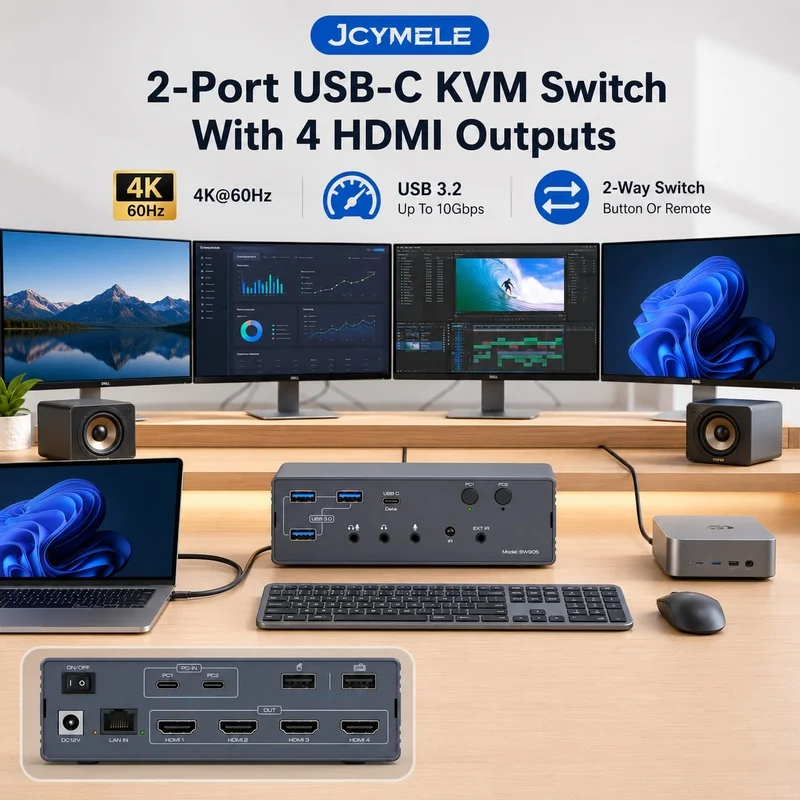 JCYMELE KVM Switch 4 Monitors 4 Computers USB C HDMI 4K 60Hz Docking Station USB 3.2 Gigabit Ethernet Hub for PC Laptop Mac