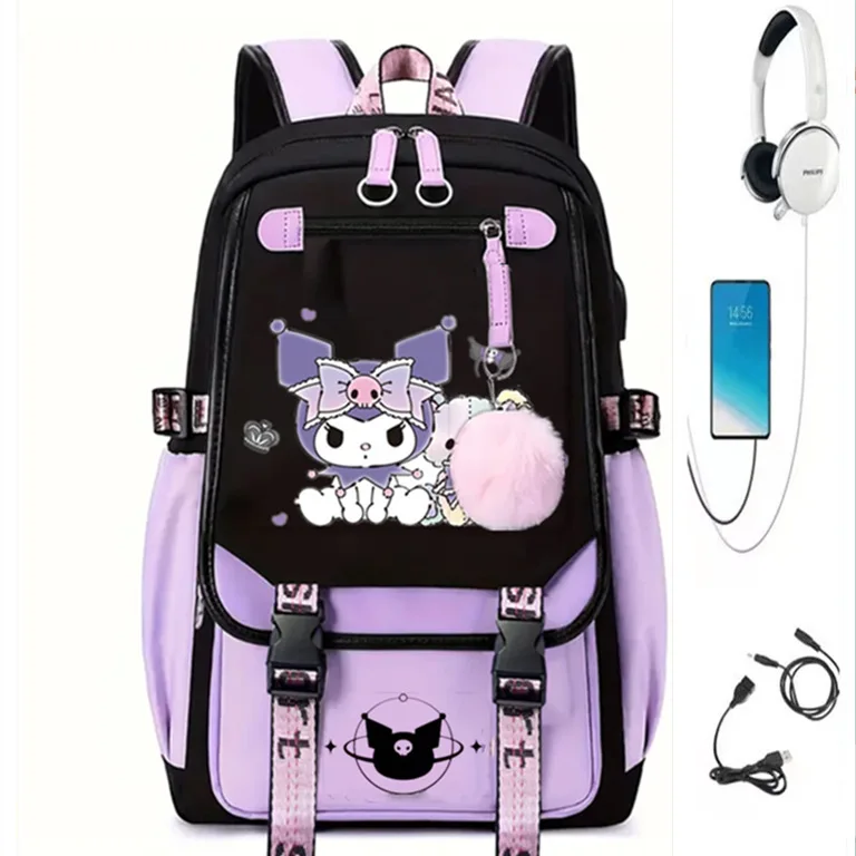 Indah Kuromi tas sekolah ungu pelajar kapasitas ransel Laptop untuk anak laki-laki perempuan Kawaii ransel harian Travel Mochilas