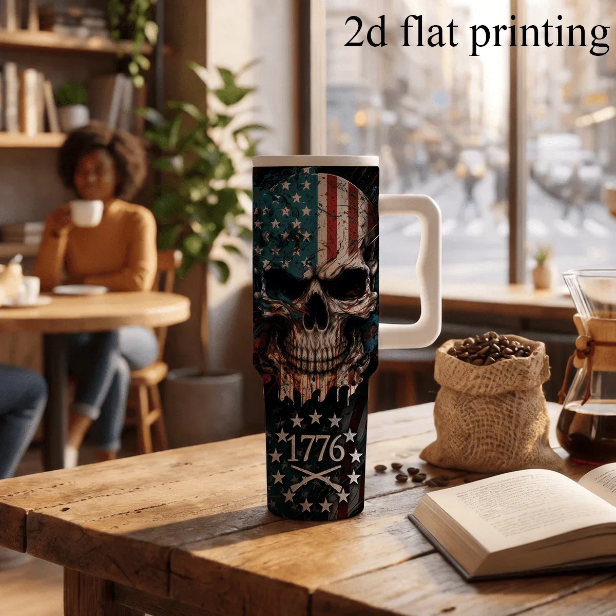 1pc 40Oz Double Wall Stainless Steel Insulated Tumbler, 2D Flat Printing with Skull, American Flag, And 1776 Guns Pattern, Keeps Drinks Cold & Hot. Perfect Gift for Office, Kitchen, Camping, Cycling, Beach & Pool