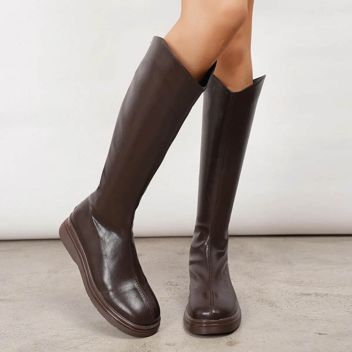

Flat Thigh-High Faion Boots Women's Autumn Winter Knee-Length Boots Rubber Uppers Cotton Lined round Toe Chunky Heel