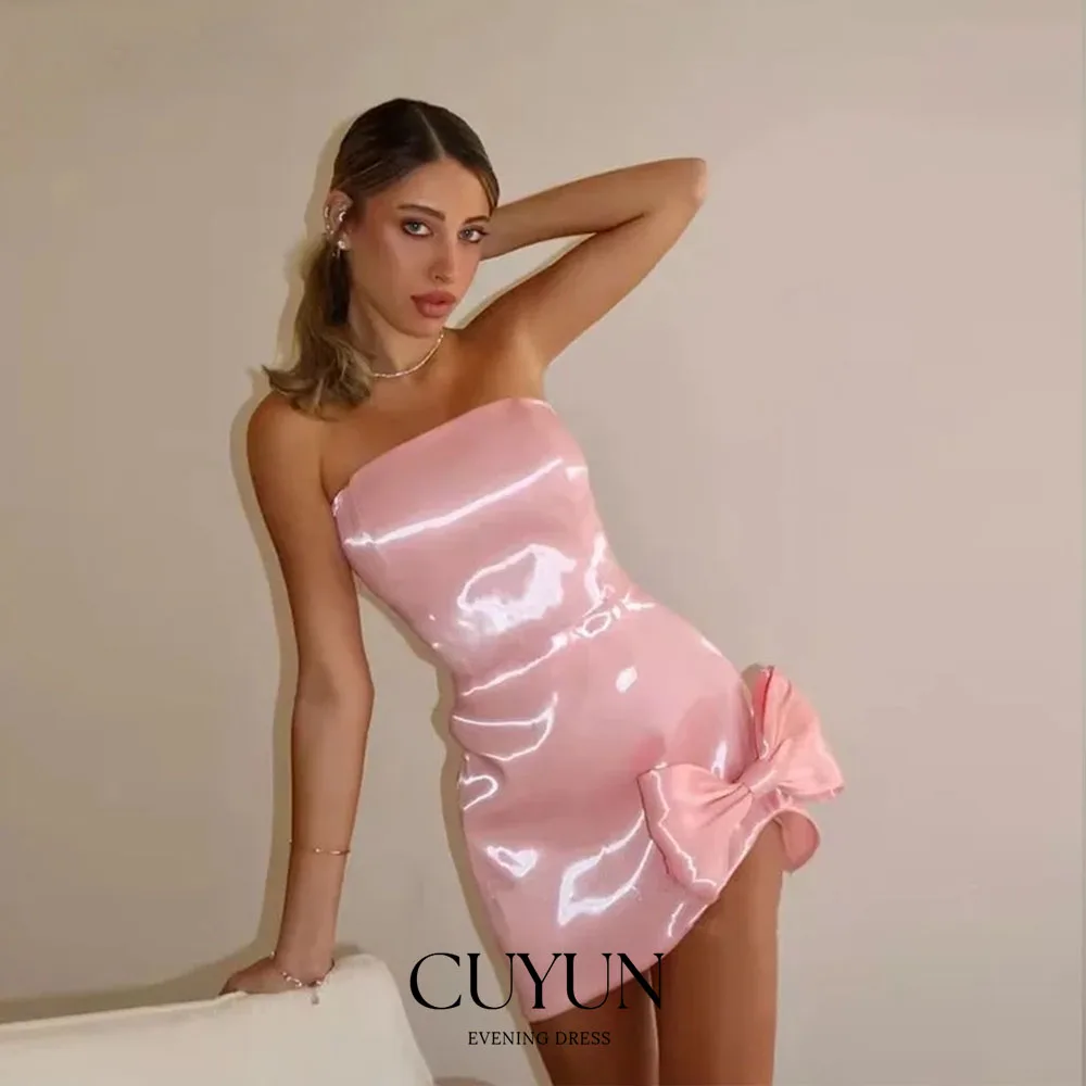 

CUYUN Роскошное розовое платье для выпускного вечера с бантом, короткое мини-сексуальное вечернее платье без бретелек с корсетом на спине, женские платья на день рождения