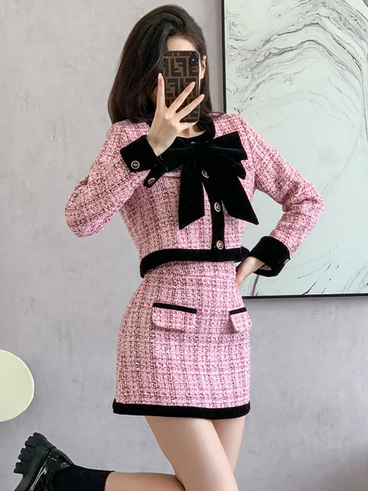 

Autumn Small Fragrance Sweet Tweed Two Piece Set Women Bowknot Woolen Short Jacket Coat + Mini Skirts Sets Vintage 2 Piece Suits