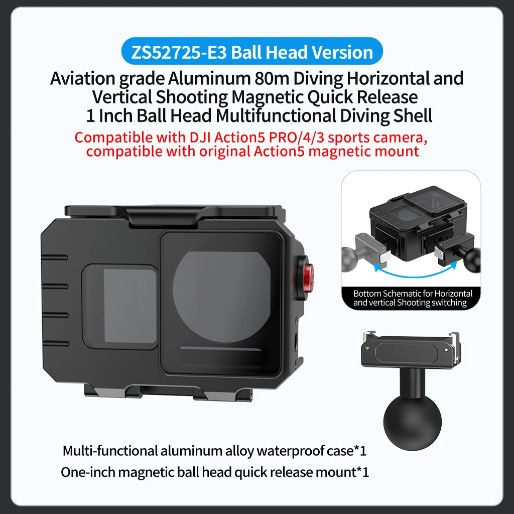 FEICHAO Deep Sea 80 m Unterwasserkameratasche für DJI Action 5 Pro 4 3 Gehäuse aus Aluminiumlegierung, magnetische Schnellverschluss-Stativ-Adapterhalterung 6