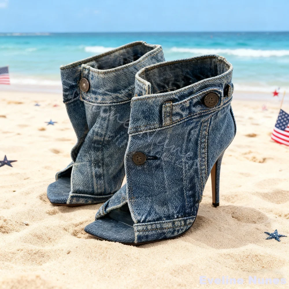 

Denim Square Toe Peep Toe Stiletto Heels BOOTS Women Grey Metal Buckle Strap Sandals BOOTS 2026 Spring Fashion Short Boots