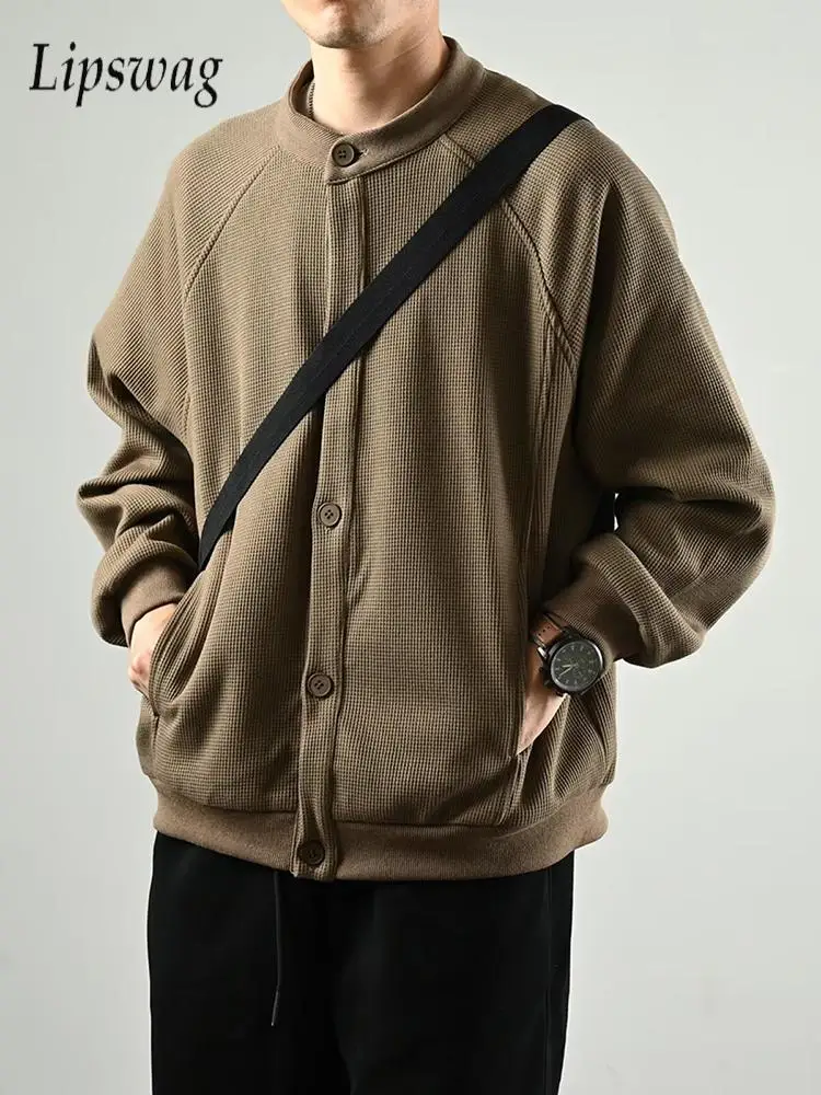 

2025 Autumn Fashionable Men's Jackets Vintage Solid Color Waffle Textured Button-up Cardigans For Mens New Casual O Neck Jacket