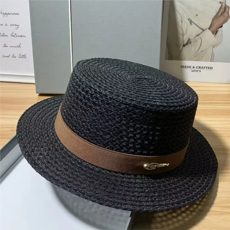 A new flat-topped hat for women on vacation taking photos and checking in at the seaside