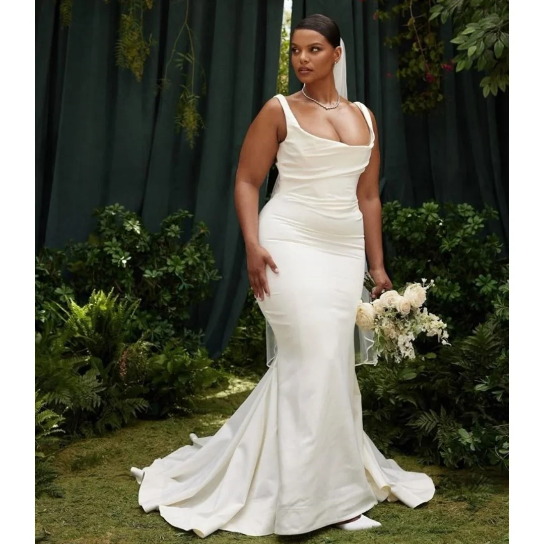 

Satin Mermaid Wedding Dresses Plus Size Scoop Neck Slim Vestido de Novia Elegant Second Reception Gown Customized Robe De Soirée