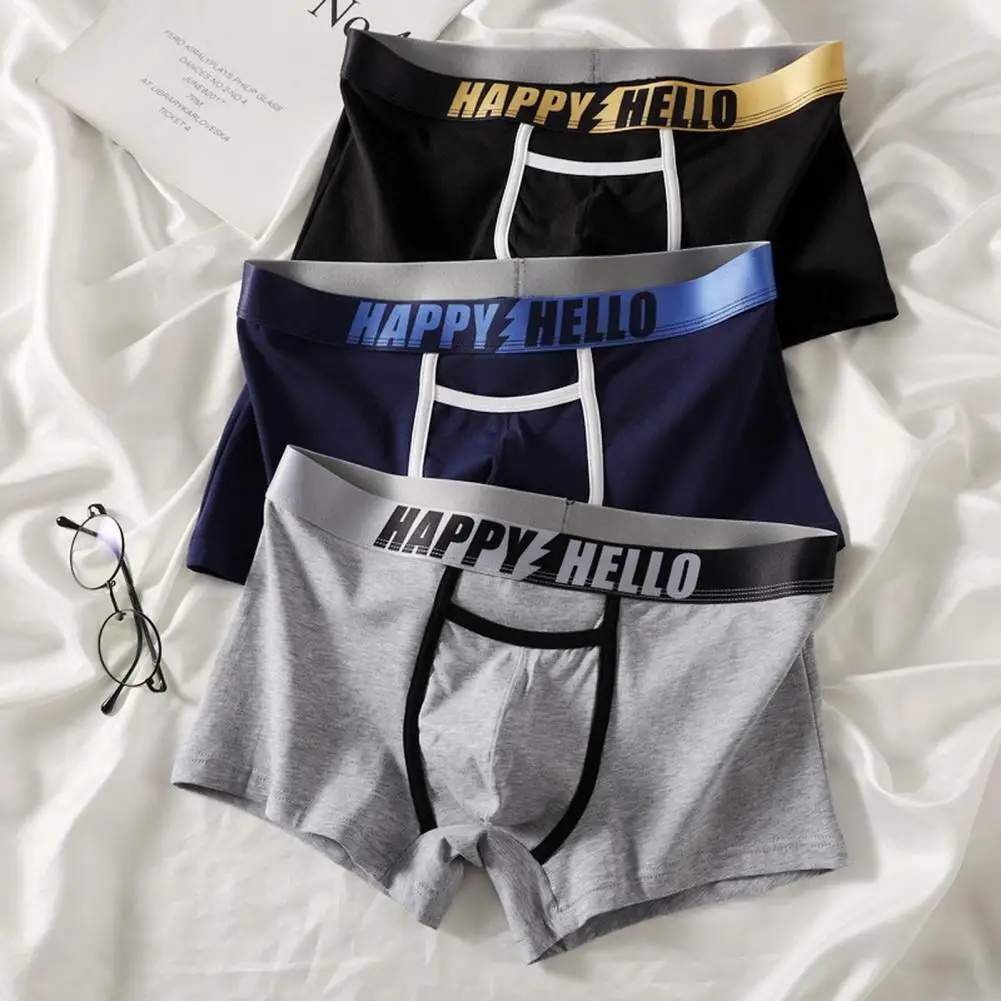 Men Boxer Underwear with Ball Support Letter Print Elastic Mid-rise Separated Pouch Moisture-Wicking Boxers