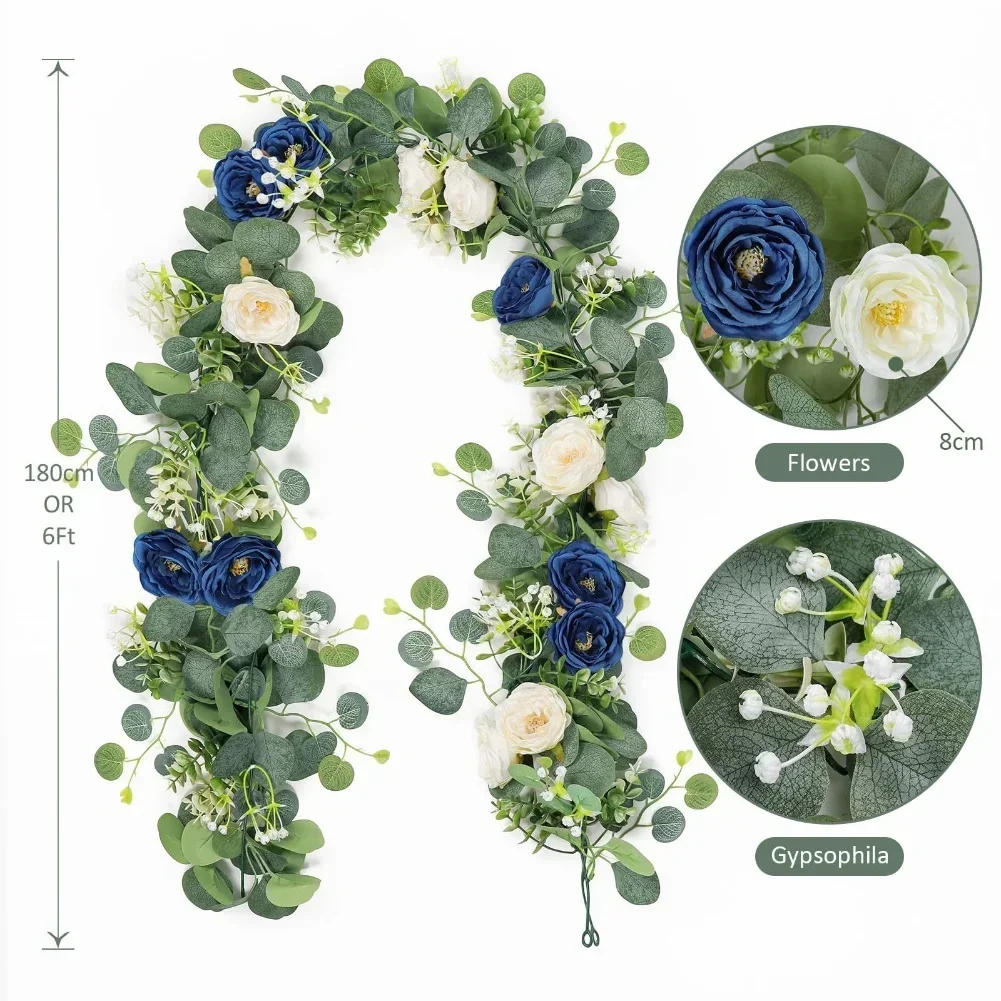 

1pcs Artificial Rattan 180cm/6ft Artificial Eucalyptus Garland With Navy Blue White Roses For Weddings Festive Party Decoration