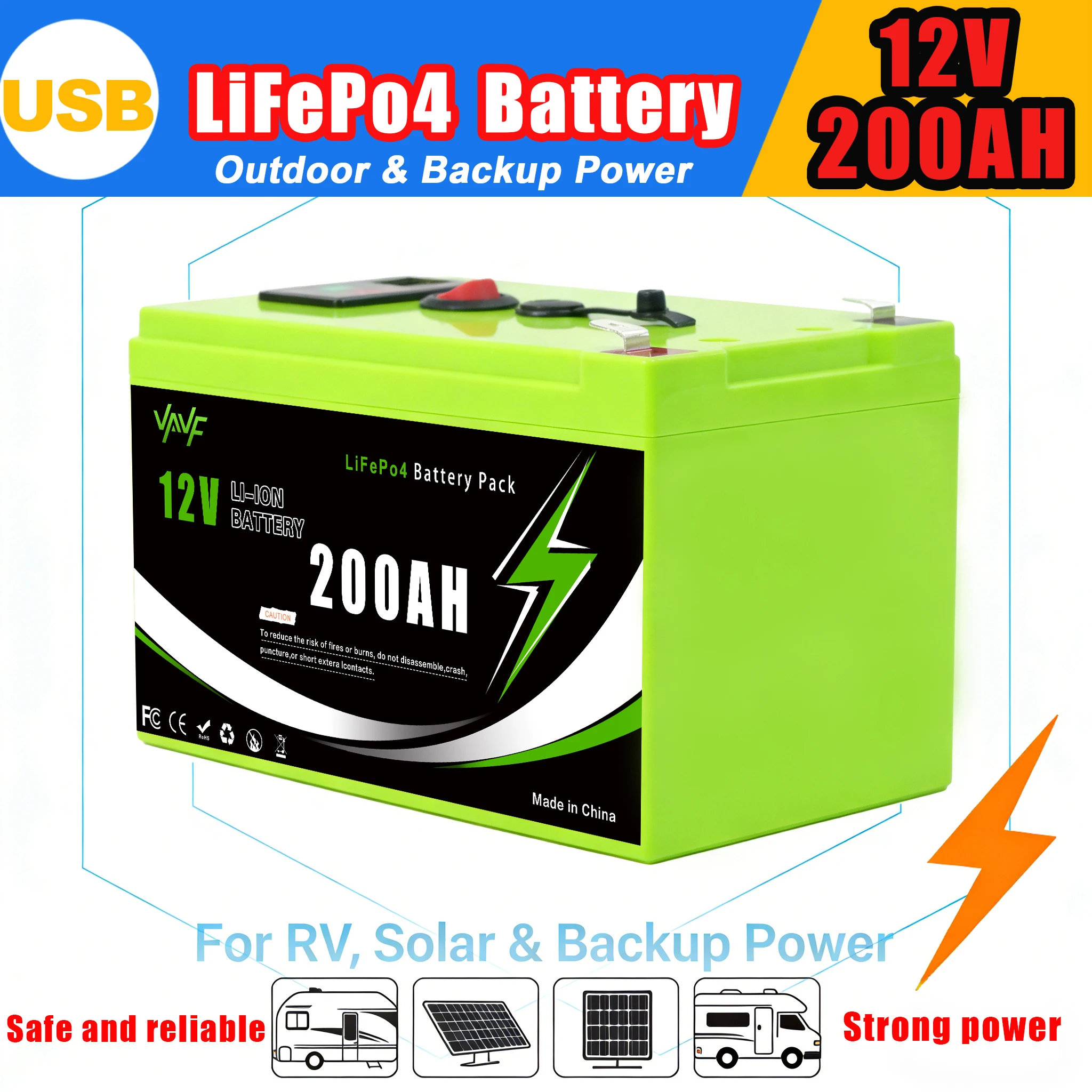

High Quality LiFePO4 Battery 12V 200AhDeep Cycle Rechargeable with BMS for ScootersSolar PowerOff-Grid,Fish Finder