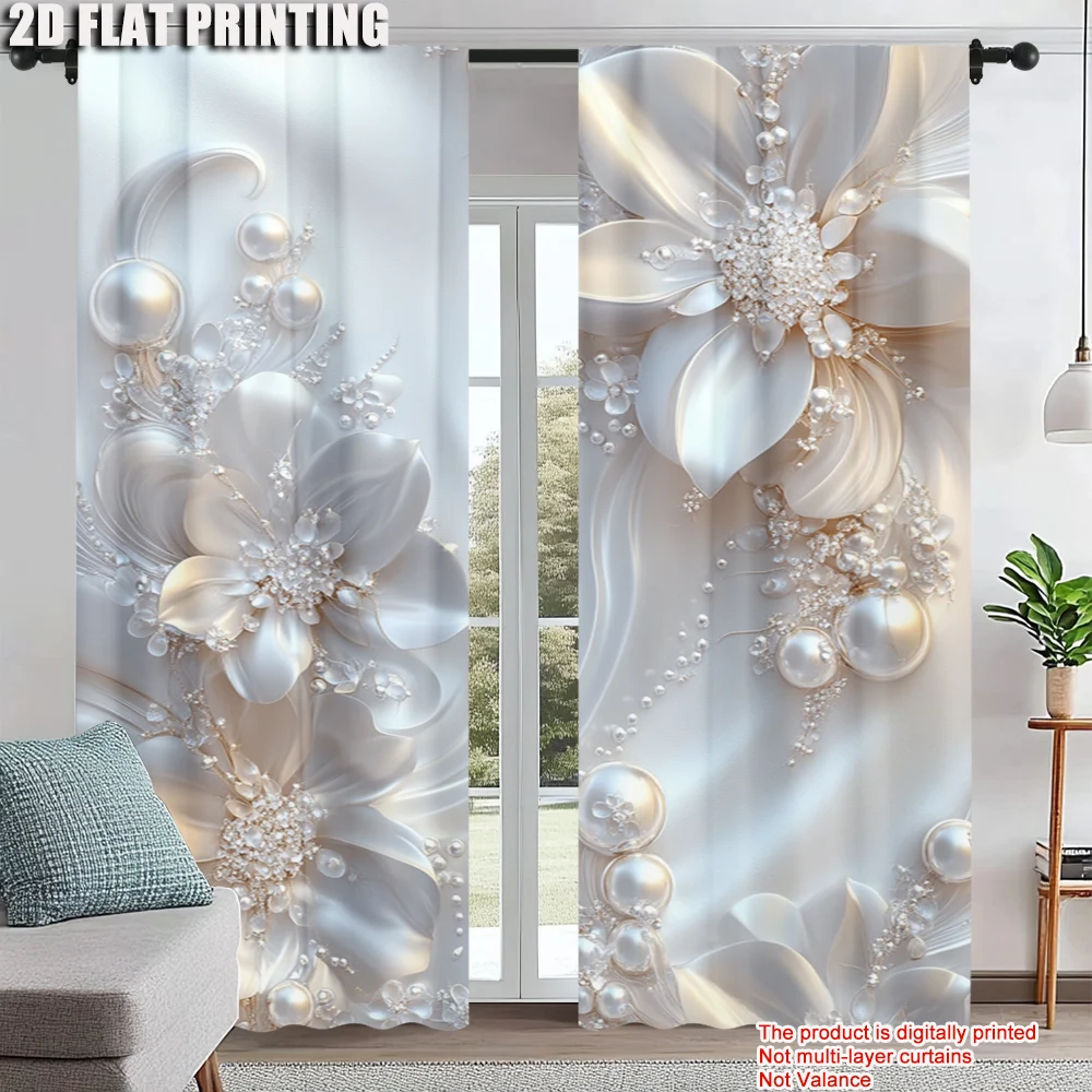 

2Pcs Gray Diamond Pearl Butterfly Print Curtains Rod Hole Design For Easy Hanging Light Filtering Polyester Drapes For