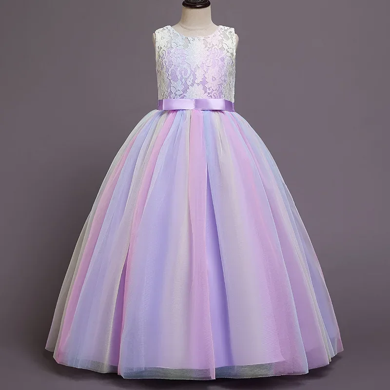 Vestido de princesa de encaje con lentejuelas para niña, vestido sin mangas para fiesta de cumpleaños, primera comunión, 4 a 14 años, alta calidad, 2024